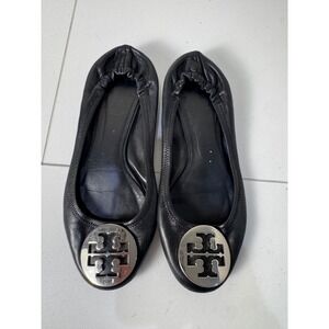 Tory Burch Minnie Travel Ballet Flats Women Size 8 Black Leather Silver Logo